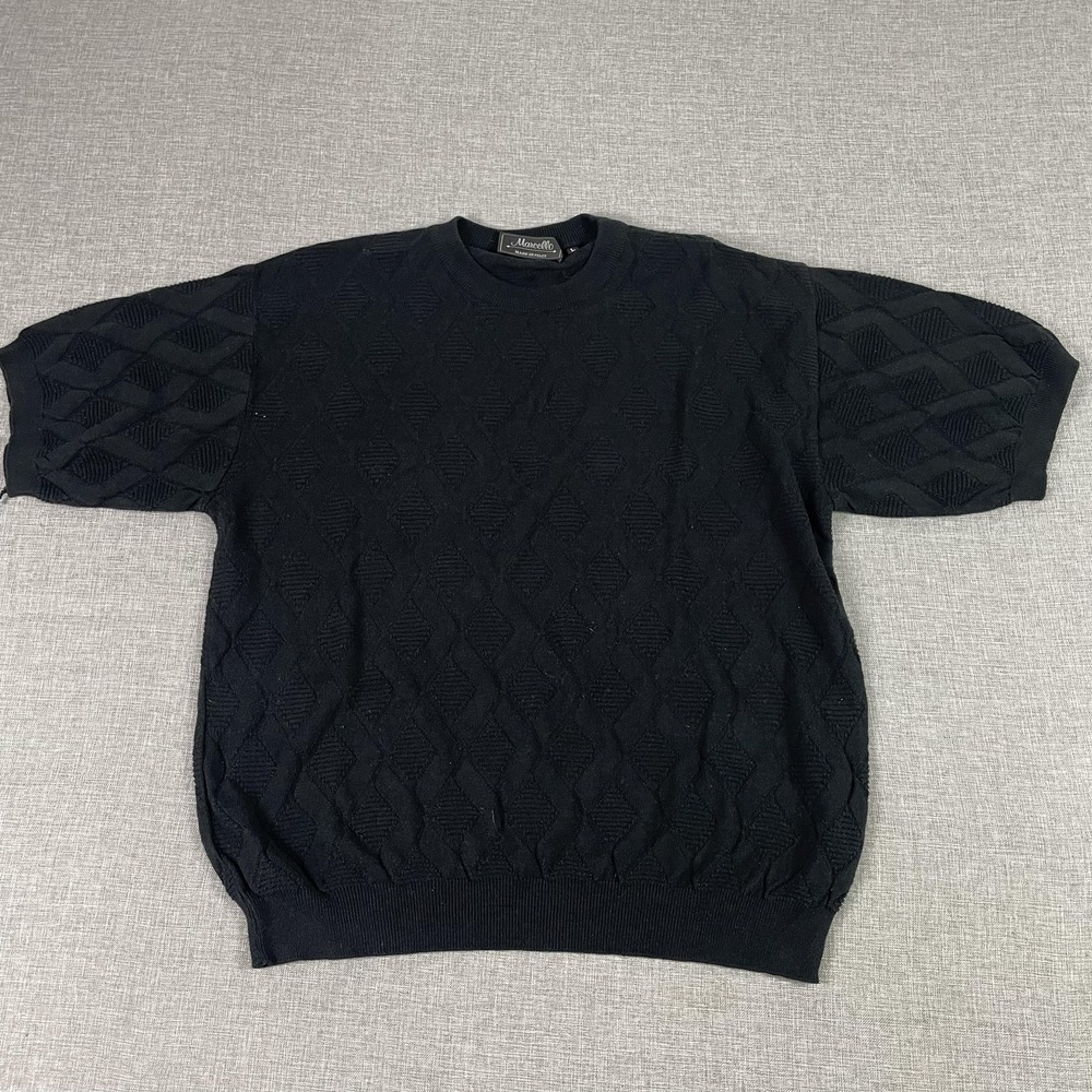 Marcello Sweater Mens Large Black Short Sleeve Geometric Knit Crewneck Italy